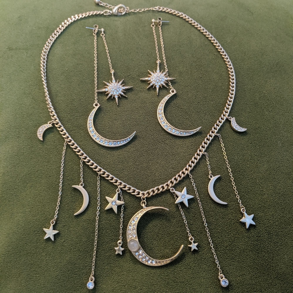 Gold Celestial necklace and earring set star moon